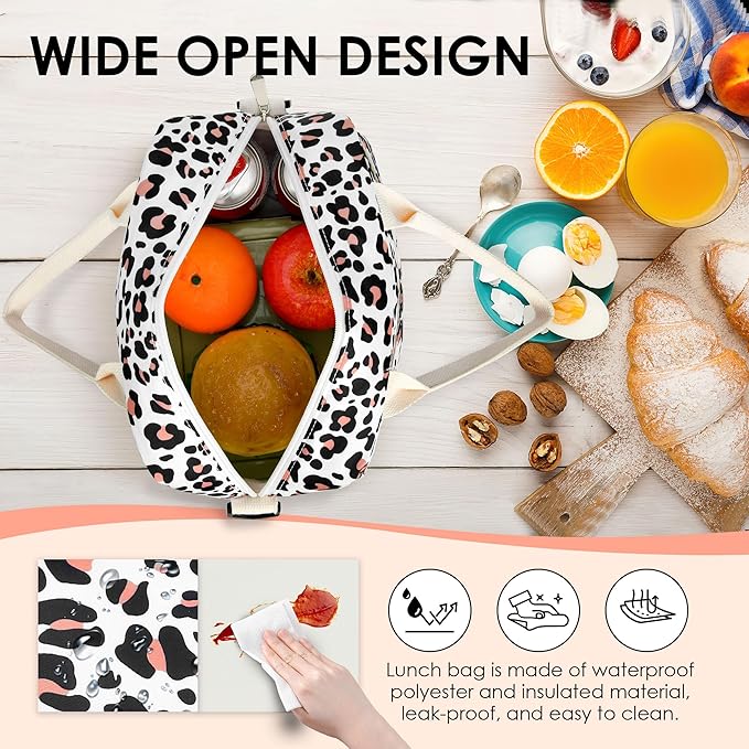 LOKASS Lunch Box for Women-Insulated Adults Lunch Bag with Removable Shoulder Strap&Front Pocket，Cute Lunch Tote for Work-Reusable Leopard Print Cooler Bag for Office Picnic Beach or Travel