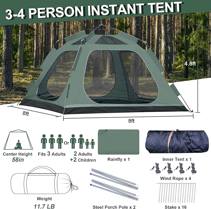 3-4 Person Tents for Camping, Instant Pop-Up Family Tent with Vestibule & Mesh Windows, Portable Lightweight Cabin Tent with Rainfly, Windproof & Waterproof, Easy Setup for Outdoor Hiking Travel