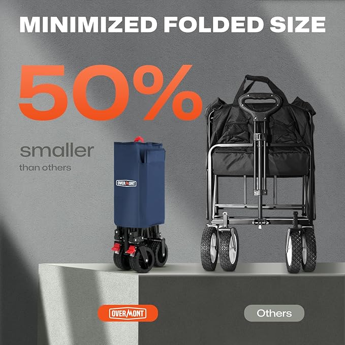 Overmont Collapsible Wagon Cart with Wheels - 220L Foldable Heavy Duty Wagon with Big All-Terrain Wheels - 330Lbs Weight Capacity with Side Pockets for Camping Sports Garden Grocery Shopping Blue