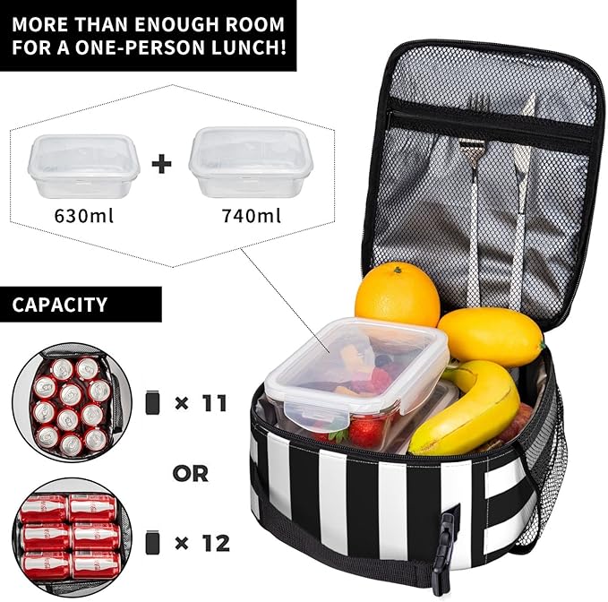 Black and White Stripe Lunch Box Reusable Insulated Totes Lunch Bag Thermal Cooler For Boy Girls School Men Women Beach Picnic Travel