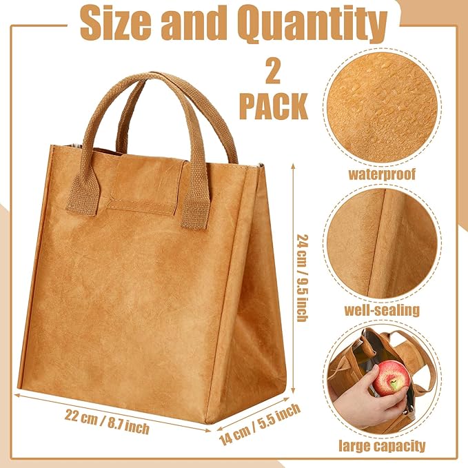 Maxcheck 2 Pcs Insulated Brown Lunch Bag Reusable Lunch Bag 9.45 x 8.66 x 5.51 Inch Easy to Carry Water Resistant Aesthetic Lunch Sack Thermal Lunch Tote Bag for Women Men Adult Snack Everyday Use
