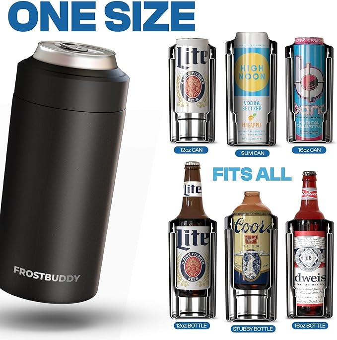 Frost Buddy Universal Buddy Can Cooler - Fits All - For Regular 12 & 16 oz or Slim-Size Bottles - Insulated Double-Walled Stainless Steel (Orange)