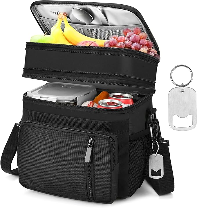 LOKASS Lunch Bag & Lunch Box for Men Women - Double Deck Expandable Insulated Waterproof Leakproof Cooler Bag for Work/Picnic - Black