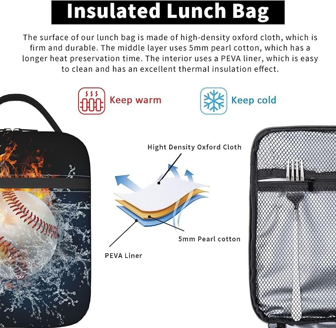 White Baseball Stitches Lunch Box,Cool Fire Water Sport Lunch Bag Sport Insulated for Men Women, Portable Kids Lunch Bag Reusable Baseball Cooler lunchbox for School Work Travel
