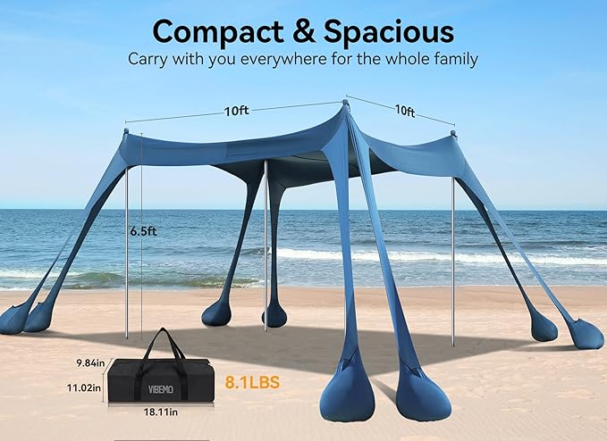 Beach Tent, Beach Canopy Sun Shade with UPF50+ UV Protection, 10x10ft, Includes 8 Sandbags, Sand Shovel, Ground Pegs & 4 Stability Poles, Pop Up Sun Shelter for Camping, Picnics, Backyard Fun