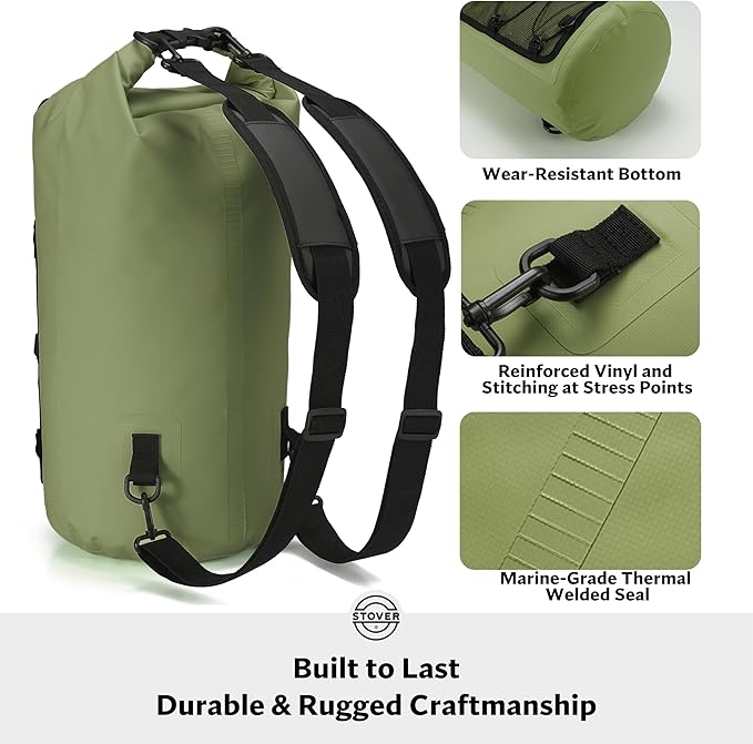 STOVER 5/10/25/30/40/55L Waterproof Dry Backpack- Medium Floating Dry Bag for Kayaking, Travel, Tubing, Hiking, Fishing, Camping, Motorcycles & the Beach, Heavy-Duty Roll Top Men/Women (Green)