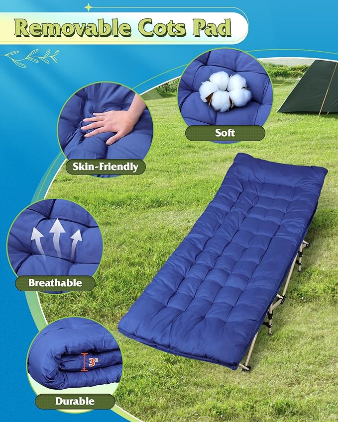WLIVE 1200D Double Layer Oxford Camping Cots for Adults, Folding Cots for Sleeping with Mattress, Outdoor Folding Bed with Carry Bag, Portable Camping Bed for Sleeping, Resting, Camping, Dark Blue