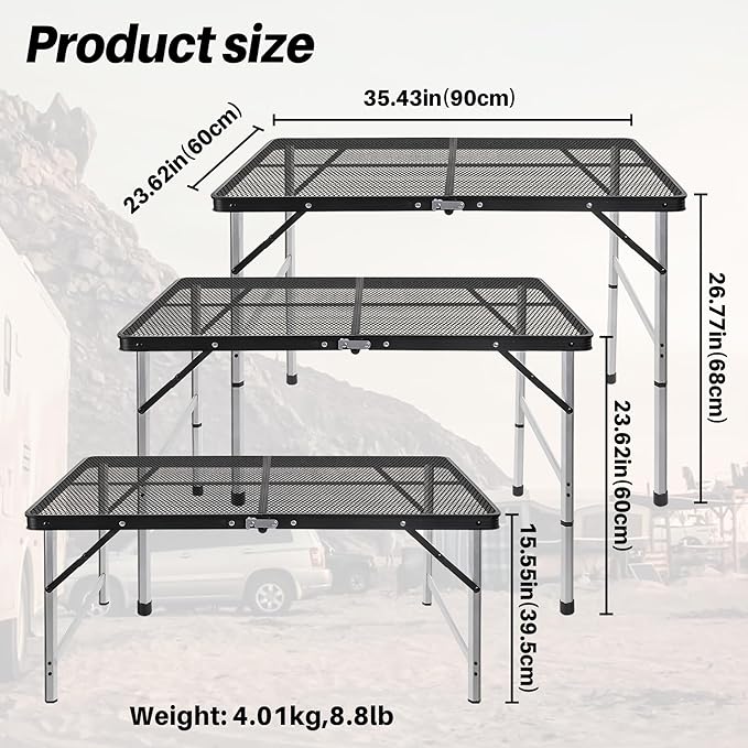 jkwokback 3ft x 2ft Grill Table Portable Camping Table, Waterproof Black Folding Table with Adjustable Height Camping Table,Folding Camp Table for BBQ,Camping, Outdoor Sports, Beaches and Picnics