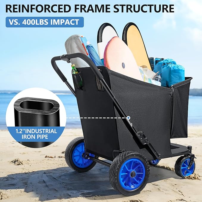 KEDSUM Beach Wagon with Big Wheels for Sand, 320L Oversized Wagons Carts, 12" Big All Terrain Rubber Wheels, 400LBS Heavy Duty Collapsible Wagon for Beach, Camping, Fishing. Black