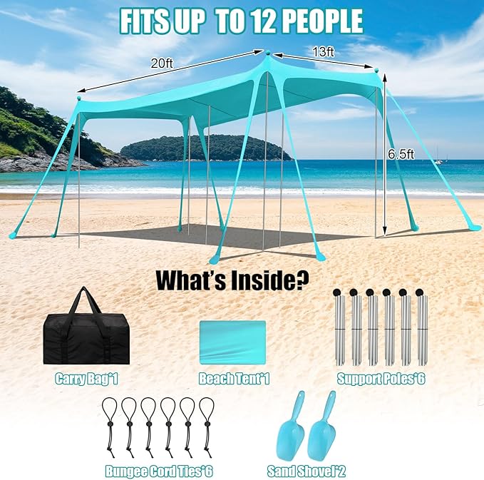 Beach Tent Sun Shelter UPF 50+ Beach Shade Canopy Pop up Tent Portable Cabana Outdoor with Aluminum Poles Sandbags Sand Shovel for Camping Fishing Trip Picnic Party