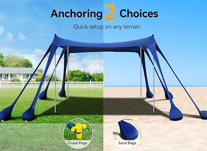 Beach Tent, Beach Canopy Sun Shade with UPF50+ UV Protection, 10x10ft, Includes 8 Sandbags, Sand Shovel, Ground Pegs & 4 Stability Poles, Pop Up Sun Shelter for Camping, Picnics, Backyard Fun