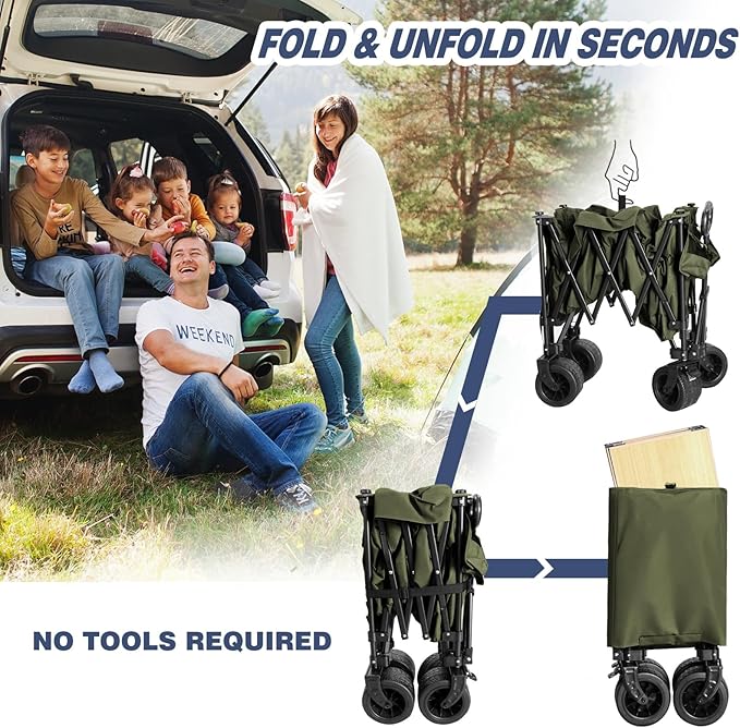 Chihee Collapsible Folding Outdoor Utility Wagon Cart,Beach Cart Large Capacity,Heavy Duty Portable Wagon All Terrain Wheels with Large Side Pocket & 1 Foldable Desktop & 2 Drink Holders