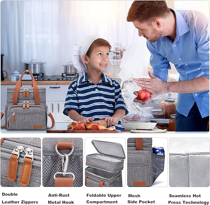 Weitars Lunch Bag for Women Men, Loncheras Para Mujer Dual Compartment Waterproof Reusable Large Lunch Box Wide-Open Cooler Tote Bag For Working Picnic Hiking (15L) (Gray(kahki))