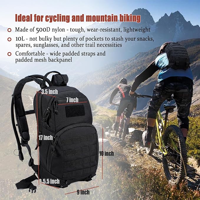 Tactical Small Hydration Backpack 10L Molle Pack for Outdoor Hiking Gravel Cycling Mountain Biking with 2.5L Bladder