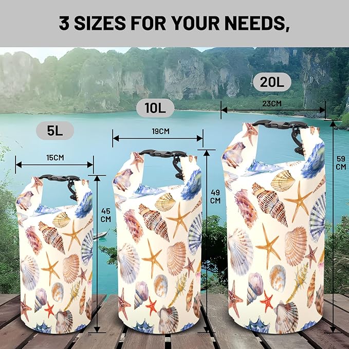 Waterproof Dry Bag,Roll Top Beach Starfish Seashell Waterproof Backpack 5L/10L/20L Floating and Lightweight Bags for Kayaking, Boating, Fishing, Swimming and Camping