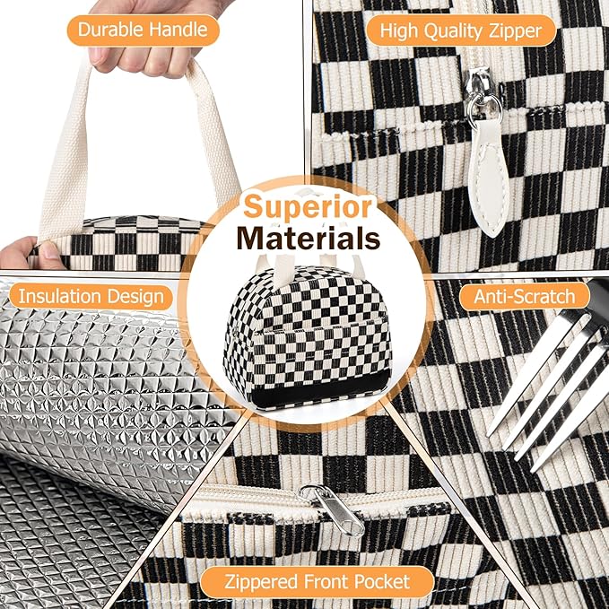 Lunch Box Lunch Bag for Women Men, Leakproof, Insulated Lunch Box Tote with Large Capacity, Lunch Container for Work/Office (Corduroy Black Checkered Pattern)