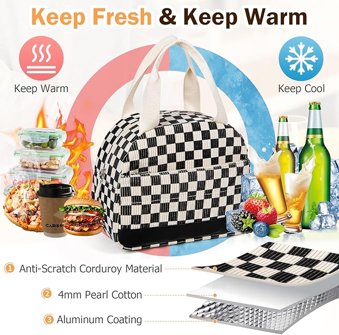 Lunch Box Lunch Bag for Women Men, Leakproof, Insulated Lunch Box Tote with Large Capacity, Lunch Container for Work/Office (Corduroy Black Checkered Pattern)