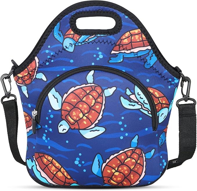 Violet Mist Neoprene Lunch Bag Reusable Insulated Lunch Box with Adjustable Shoulder Strap&Pocket for Women,Men,Adults,Cute Cartoon Turtle Snack Bags Anime Animal Work Picnic Travel Tote Food Handbags