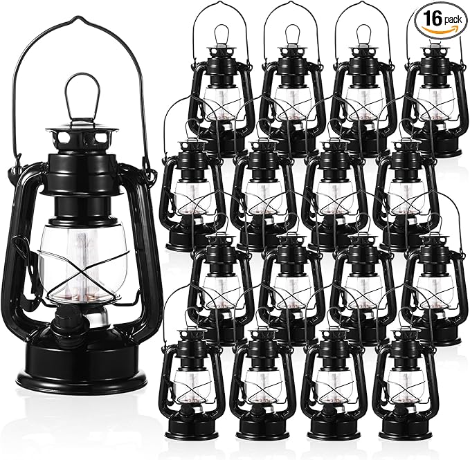 Hortsun 16 Pcs Black Vintage LED Camping Lanterns Warm LEDs and Dimmer Switch Battery Operated Metal Hurricane Farmers Hanging Lantern for Indoor Outdoor Usage Decor (8 Inch)