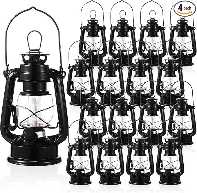 Hortsun 4 Pcs Black Vintage LED Camping Lanterns Warm LEDs and Dimmer Switch Battery Operated Metal Hurricane Farmers Hanging Lantern for Indoor Outdoor Usage Decor (8 Inch)