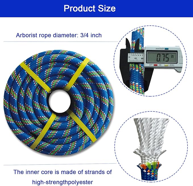 Double Braided Arborist Rope - 3/4 Inch x 100 Feet - High Strength Polyester Outdoor Rope for Tree Work, Nautical, Halyard, Sailing (Blue)
