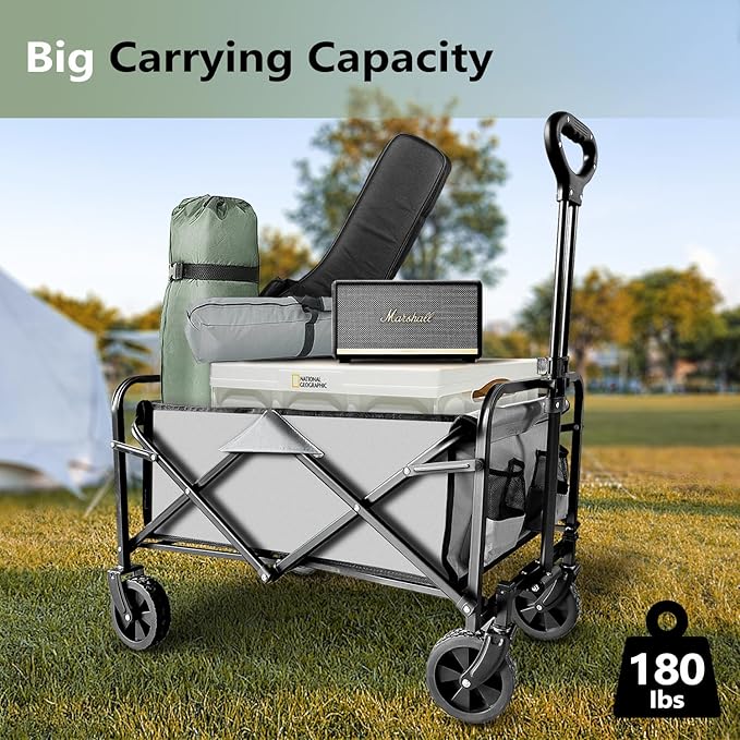 Collapsible Wagon Cart Heavy Duty Foldable, Large Capacity Foldable Grocery Beach Wagon for Camping Sports Shopping, Gray