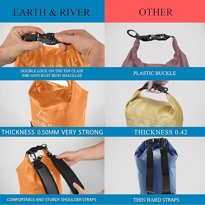 EARTH&RIVER Premium Waterproof Dry Bag Backpack, Extra Thick, Protection for All Water Activities & Camping, Floating Lightweight Dry Bag & IPX8 Waterproof Phone Case (Orange, 5L)