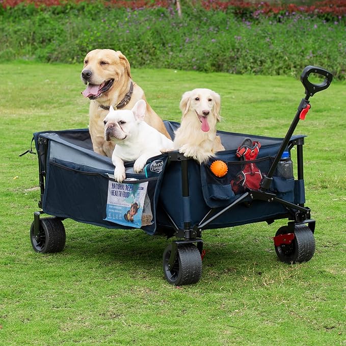 TIMBER RIDGE 600L Beast Wagon 26" W Extra Wide All Terrain Folding w/Big Wheels, Cargo Net & Tailgate, 26" W and 55" L, Capacity and 400lbs Heavy Duty Collapsible Portable Cart, Blue
