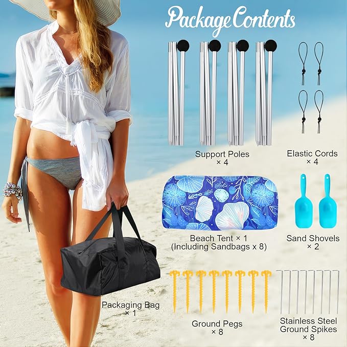 Rhino Valley Beach Tent Sun Shelter, 10x10FT Beach Canopy Tent Sun Shade UPF50+ Protection with 8 Sandbags 4 Stability Poles, Outdoor Beach Shade Canopy 6-8 People for Beach Camping Fishing