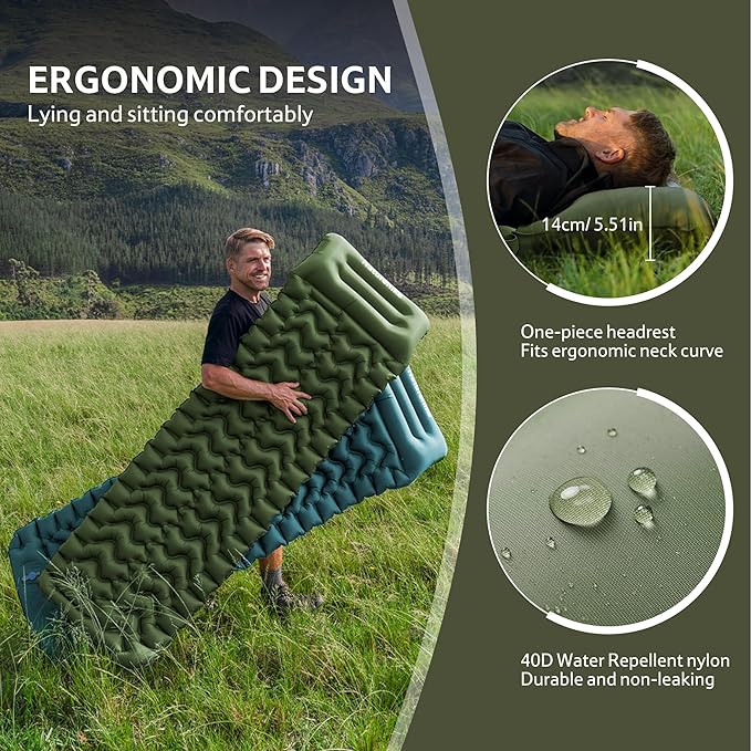 Naturehike Camping Sleeping Pad, Ultralight Inflatable Sleeping Mat with Pillow Built-in Foot Pump, 2.6 Inch Lightweight Air Mattress for Backpacking, Hiking, Traveling (Green)