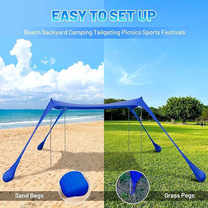 BOTINDO Family Beach Tent Canopy Sun Shade, Pop Up Grande Beach Tent Sun Shelter Stability 4 Poles with Portable Carry Bag Outdoor Shade for Fishing Backyard Camping (Blue, 10x10FT 4Pole)