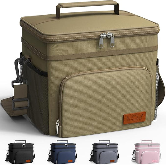 HOTOR Insulated Lunch Box for Men & Women - Leak-Proof Cooler Lunch Bag with 4 Pockets, Adjustable Strap, Ideal for Work, Picnic, Travel - Medium, Brown, 10.2"×6.9"×8.5"
