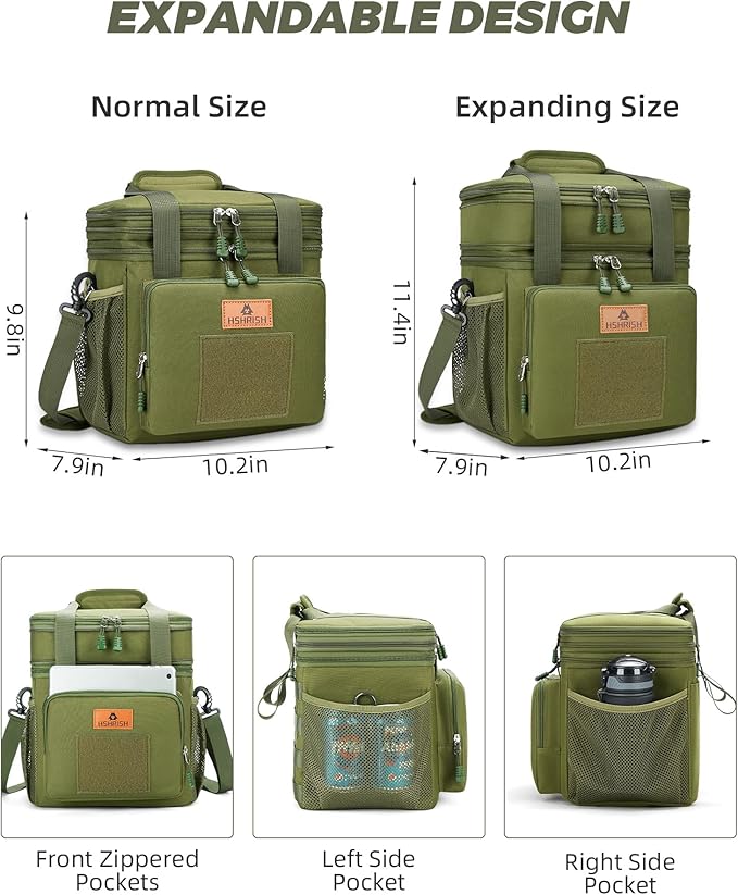 HSHRISH Tactical Lunch Box, Large Expandable Insulated Lunch Bag, Durable Leakproof Cooler Bag for Men/Women/Adults/Work Office Outdoor Picnic Trip,16 L, Army Green