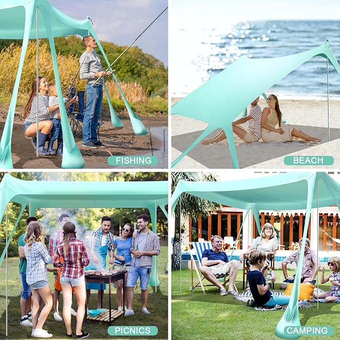 Beach Tent Sun Shelter Beach Canopy Tent Sun Shade Pop Up 10x10 UPF50+ with 8 Sandbags-2 Sand Shovel-Portable 4 Aluminum Poles-Ground Pegs-Easy Setup for Outdoor Family Camping Fishing Picnic