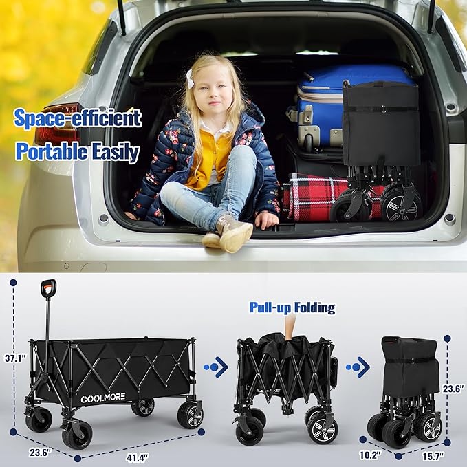Electric Collapsible Utility Wagons 330lbs Capacity, Carts Foldable with Wheels Brakes Portable for Beach Garden Outdoor Sports Lounge Heavy Duty Shopping Camping Picnic (Black)