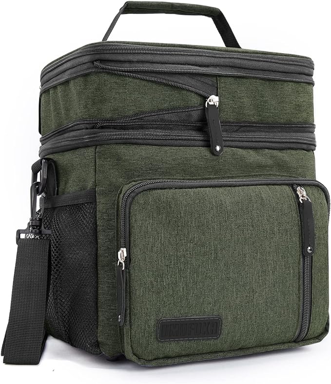 Men's and Women Double Compartment Lunch Bag, Insulated Lunch Cooler Tote 2 Roomy Large Reusable Water-resistant Lunch Box (Green)
