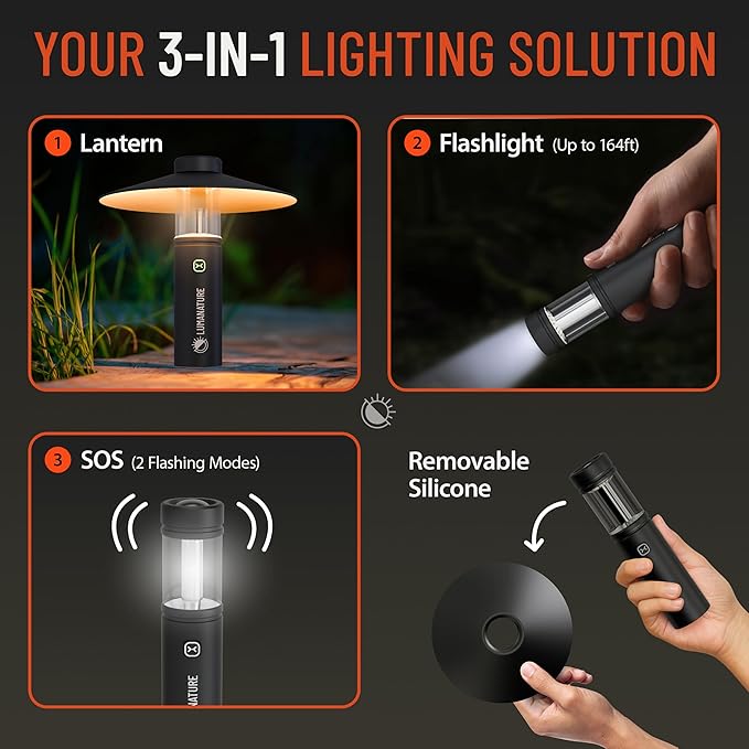 Rechargeable Camping Lantern – LED Outdoor Light with Flashlight & Lantern Modes, Magnetic Base & Hanging Hooks – Waterproof Emergency Light for Camping Backpacking Hiking & Power Outages - Black