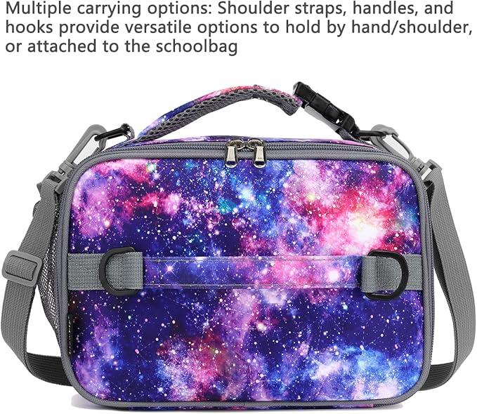 FlowFly Kids Lunch Bag, Durable Insulated School Lunch Box with Shoulder Strap and Bottle Holder, Water-resistant Thermal Small Lunch Cooler Tote for Teen Boys & Girls,Galaxy
