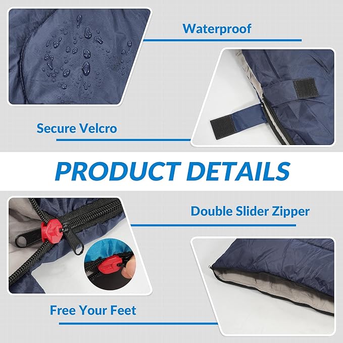 Double Sleeping Bag with 2 Pillows for Adults, Queen Size XL Sleeping Bag Waterproof, Compact with Compression Sack, 2 Person Sleeping Bags for 3-4 Seasons Camping, Backpacking, Hiking, Travel