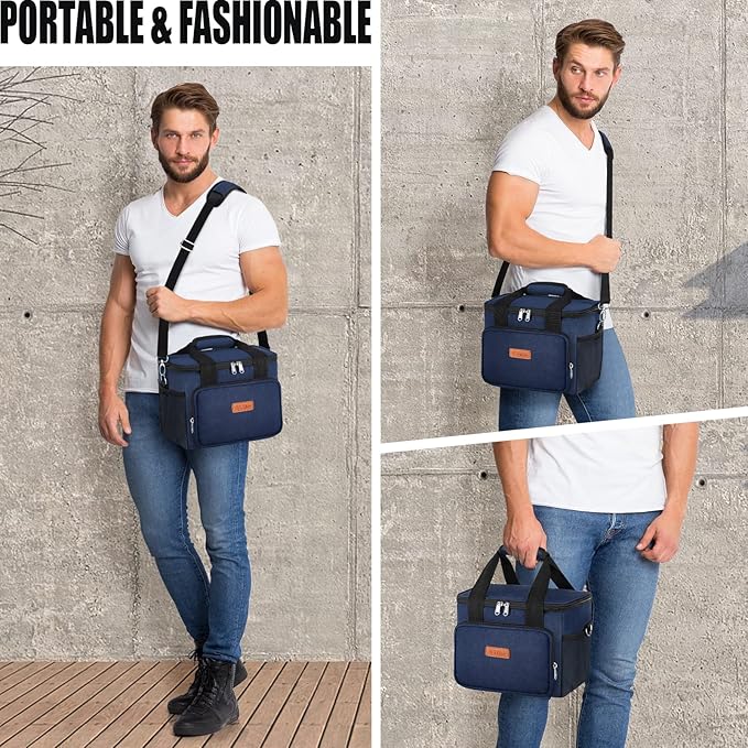 Tiblue Insulated Reusable Lunch Box for Office Work School Picnic Beach, Leakproof Freezable Cooler Bag with Adjustable Shoulder Strap (Medium, Dark Blue)