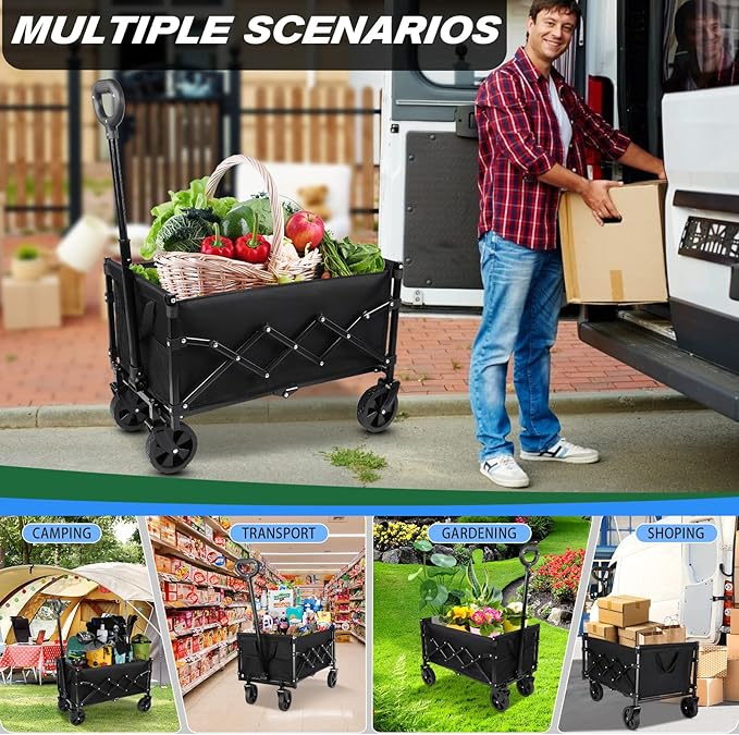 Collapsible Wagon Cart with 360lbs Weight Capacity, Lightweight Portable Foldable Wagon Cart with Wheels, Large Capacity Utility Wagon for Garden, Sports, Shopping, Grocery, Camping