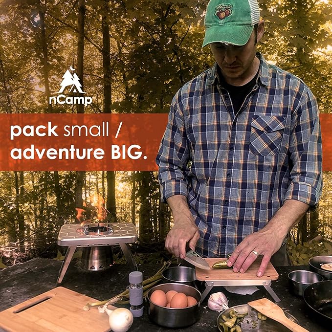 nCamp - Stove Plus Portable Camp Stove Set, Outdoor Multi Fuel Camp Stove, Wood Stove with Iso-Propane Adapter, Mini Stove for Gas, Hexamine Tablets, Liquid Fuels, Portable Camp Cooker 2-Piece Set