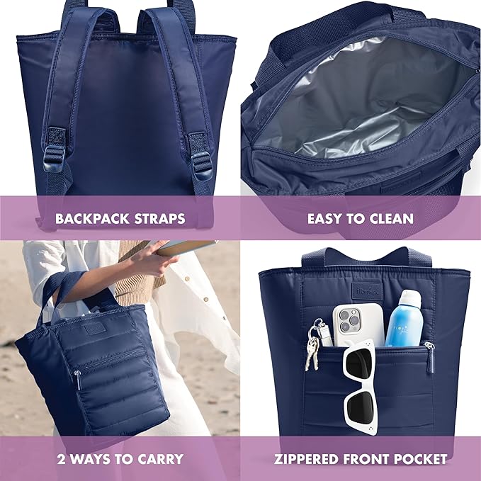 Fit & Fresh Insulated Cooler Bag - Leak Proof Waterproof Beach Cooler Backpack for Women, 18 Can Soft Insulated Tote Bag for Travel & Lunch, Midnight Blue