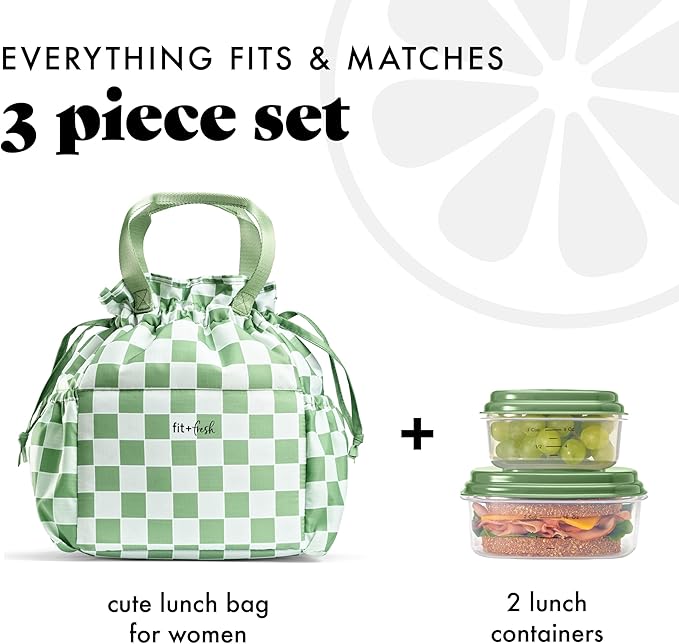 Fit & Fresh Lunch Bag For Women, Insulated Womens Lunch Bag For Work, Stain-Resistant Large Lunch Box For Women With Containers, Cinch Closure Cromwell Pistachio Checker Board