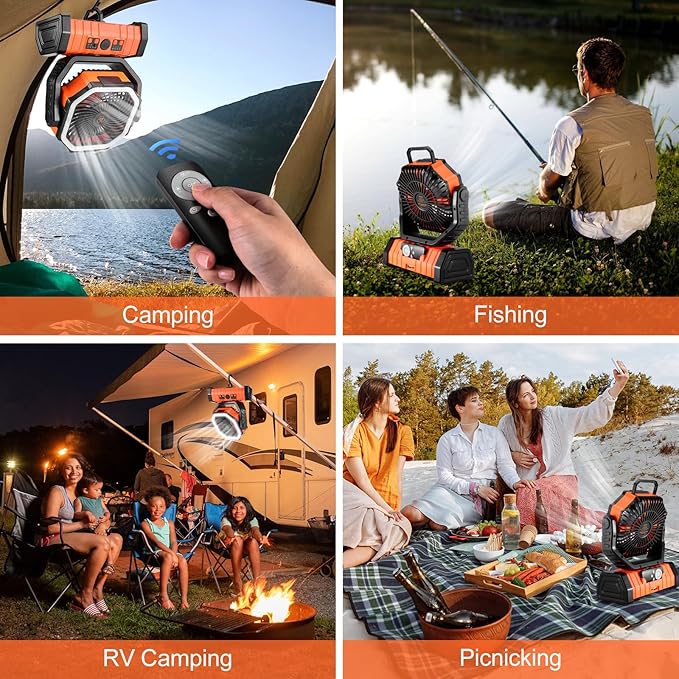 Odoland 30000mAh Camping Fan with LED Lantern, Rechargeable Battery Operated Oscillating with Remote Hook Stroage Bag, Portable Tent Fan with Timer, 4 Speeds for Outdoor RV Jobsite Power Outage,Orange