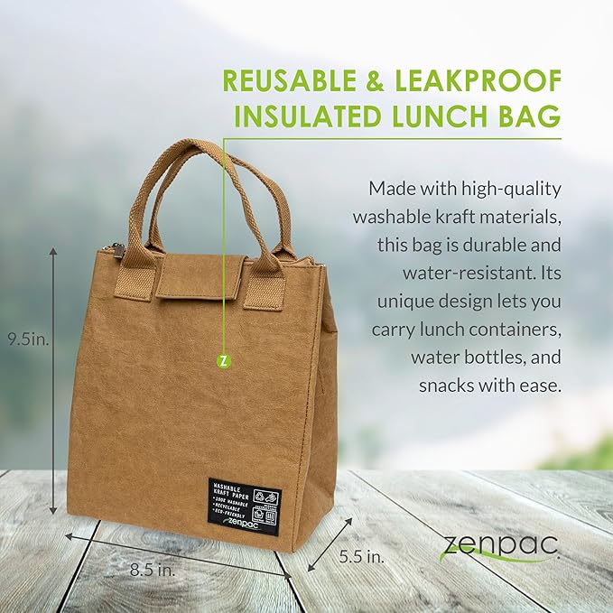 ZENPAC Brown Insulated Lunch Bags with Handles, Washable Kraft Luchbox for Men, Women, Water Resistant Cooler for Beverages, Work, School, 8.5x5.5x9.5