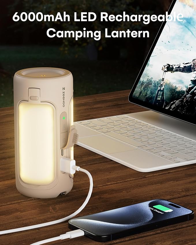 Rechargeable LED Camping Lantern, Camping Lights with Flashlights, Waterproof Tent Light with 4 Light Modes, Camping Essentials, 6000mAh Power Bank, for Camping, , Hiking, Power (Brown)