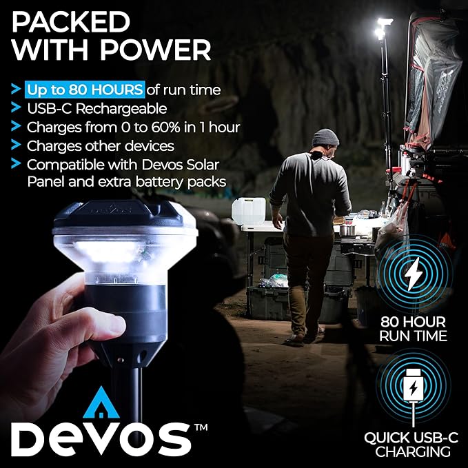 DEVOS - LightRanger 1200 Telescoping Camp Light, 9 ft Tall with 1200 lumens, Rechargeable LED Lantern, Up to 80-Hour Runtime, 1-Year Warranty, Includes Carry Case
