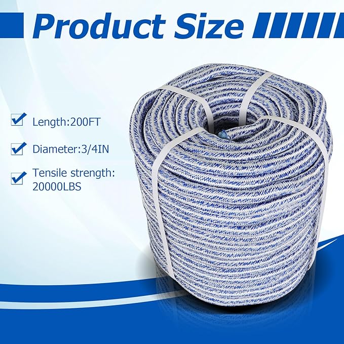 3/4 Inch x 200 Feet Double Braid Polyester Rope 20000Lbs Breaking Strength Strong Pulling Rope for Tree Work Camping Swings(Blue White)