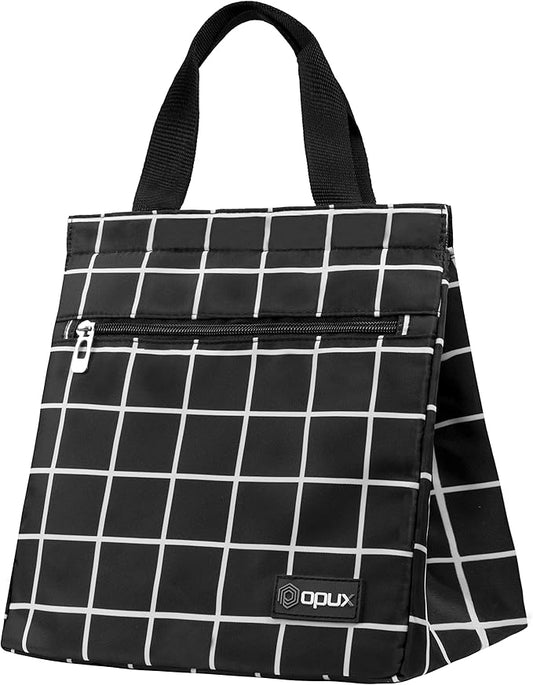 opux Lunch Bag for Women, Insulated Lunch Box Tote for Girls Kids Adult School Work, Reusable Womens Lunch Tote for Office Travel, Cute Small Lunch Tote, Fits 12 Cans - Checker Plaid Black